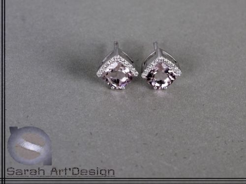 boucles d'oreilles or blanc tourmaline rose diamants
